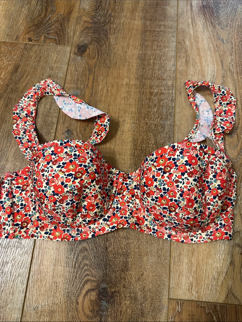 J. Crew Red Floral Padded Bikini Top 34B